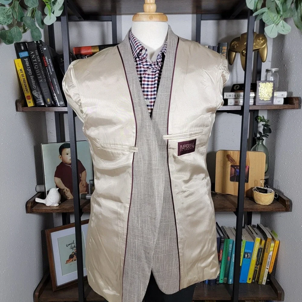 VTG Haggar Imperial Men's Sport Coat Blazer Two Button Gray‎ Beige Plaid 44L